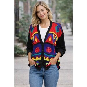 VTG 90s CC Womens Sweater M Black Colorful Funky Dopamine Artsy Funky Retro